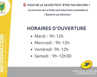 Horaires d'ouvertures de l'agence postale communale